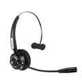 Black Bluetooth headset with microphone designed for truck drivers and office use, shown with a USB charging cable.