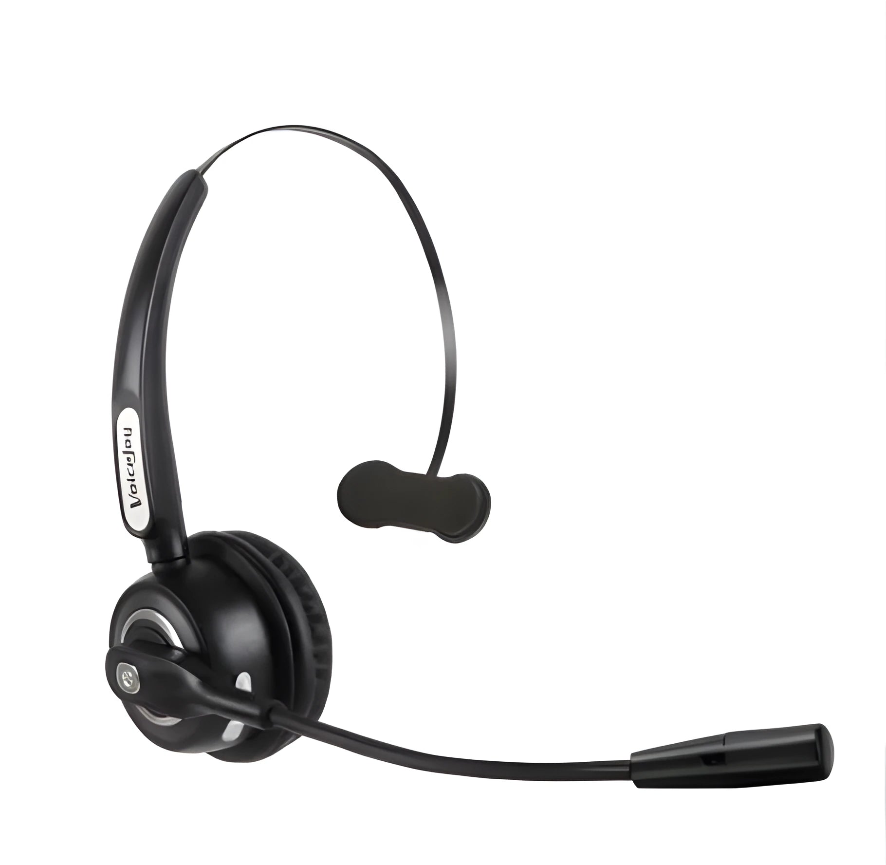 Black Bluetooth headset with microphone designed for truck drivers and office use, shown with a USB charging cable.