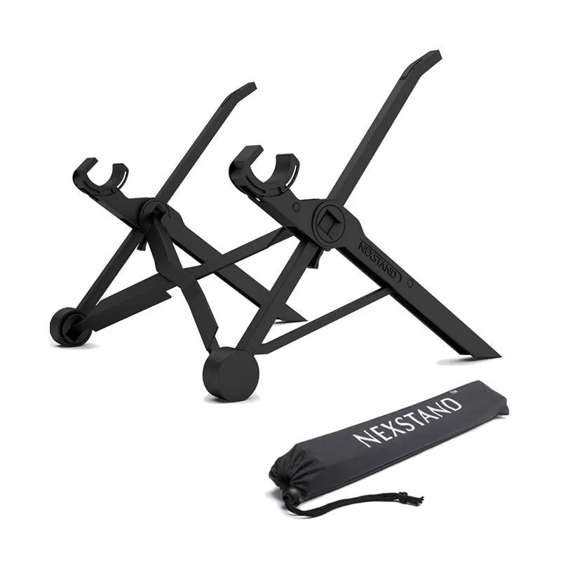 Sagacious black portable folding computer bracket with one-touch lifting mechanism and carrying case