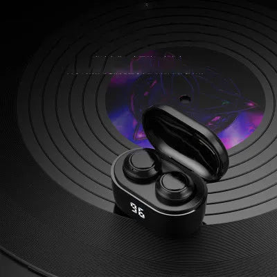 Black stereo Bluetooth wireless headset with earplug design showing power display