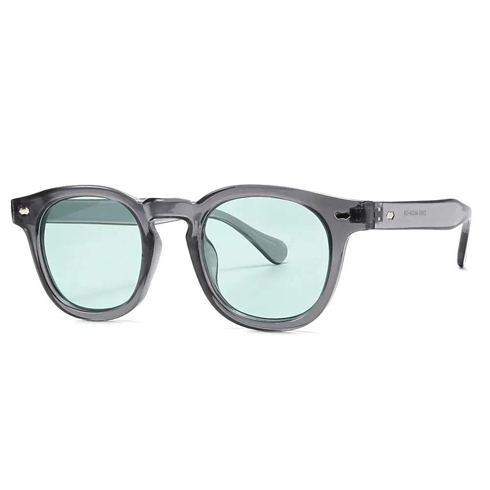 Simple round rim sunglasses with retro Hong Kong style in various colour combinations on a model.