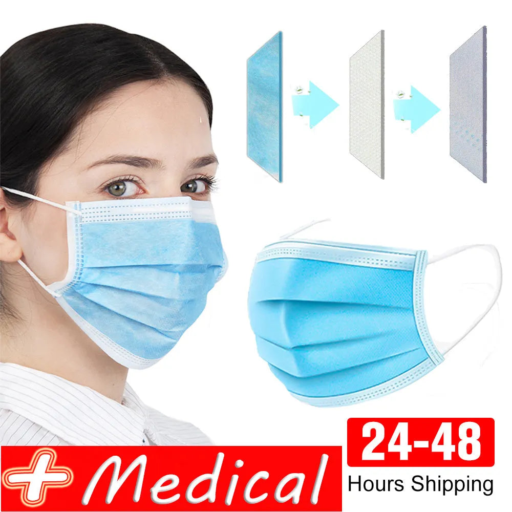 Disposable 3-ply non-woven medical surgical face mask in light blue with ear loops