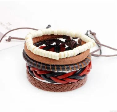 Handmade adjustable leather bracelet with wooden beads and multi-layer wrap design