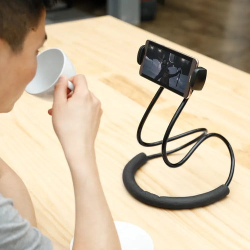 Baseus flexible 360-degree mobile phone holder showing neck and waist hanging functions and shockproof bubble support.