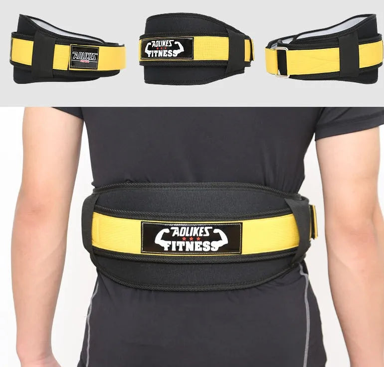 A black adjustable nylon fitness weightlifting waistband or support belt shown on a neutral background.