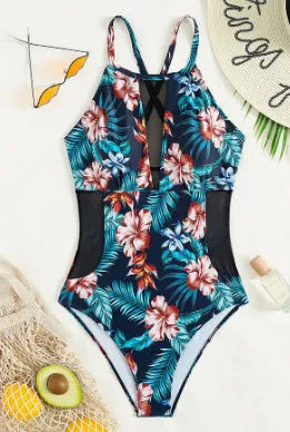 Women's solid colour and gradient print one-piece swimsuit with a deep V neckline