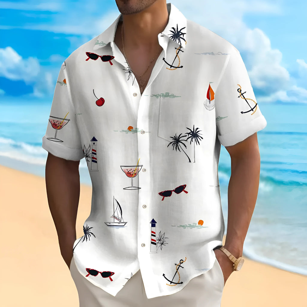 Men's digital print Hawaiian shirt with tropical pattern on polyester fabric in loose fit