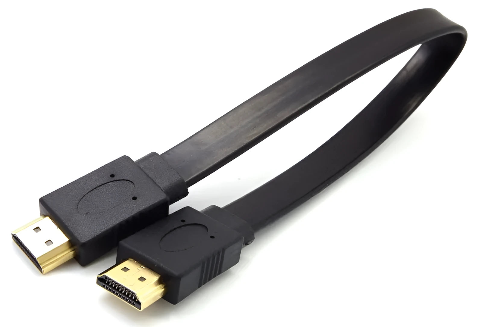 Flat HDMI cable with standard connectors showing thin profile design for 1080P video transmission