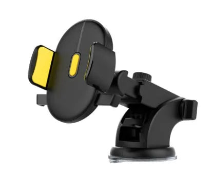 Yellow and black telescopic car phone holder with gel suction cup mounted on dashboard