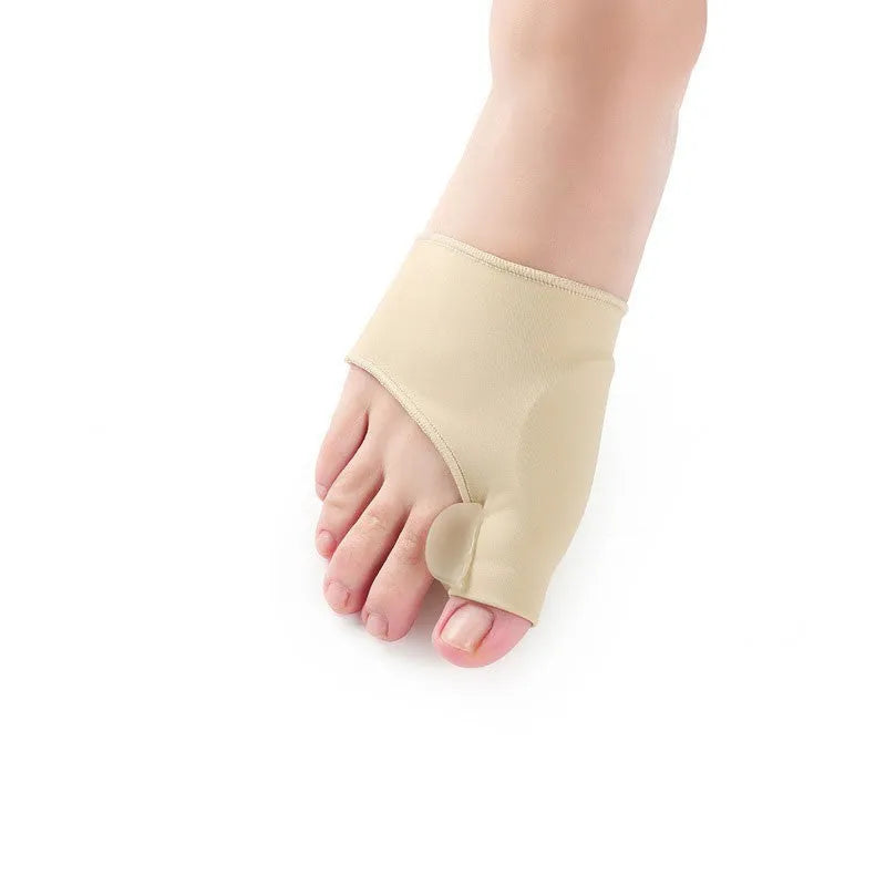 Corrective bunion sock with silicone gel toe separator shown in sizes S, M, and L on a foot diagram.