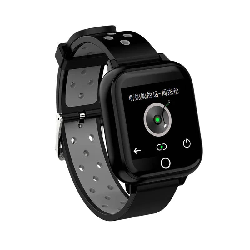 Black smart watch with integrated Bluetooth earbuds showing 1.4 inch display with heart rate data