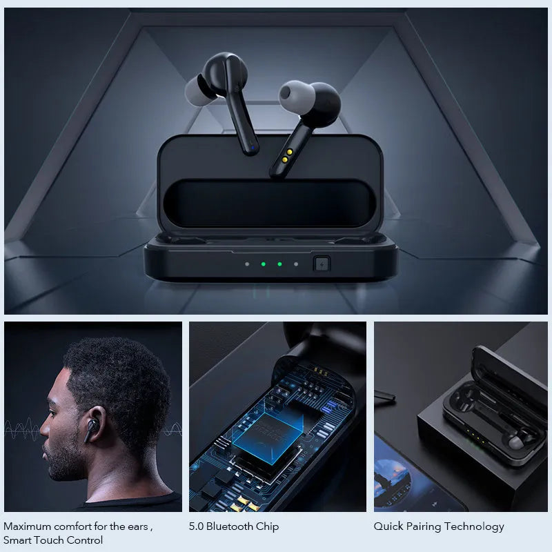 Black and white TWS wireless Bluetooth 5.0 in-ear headphones with IPX5 rating.