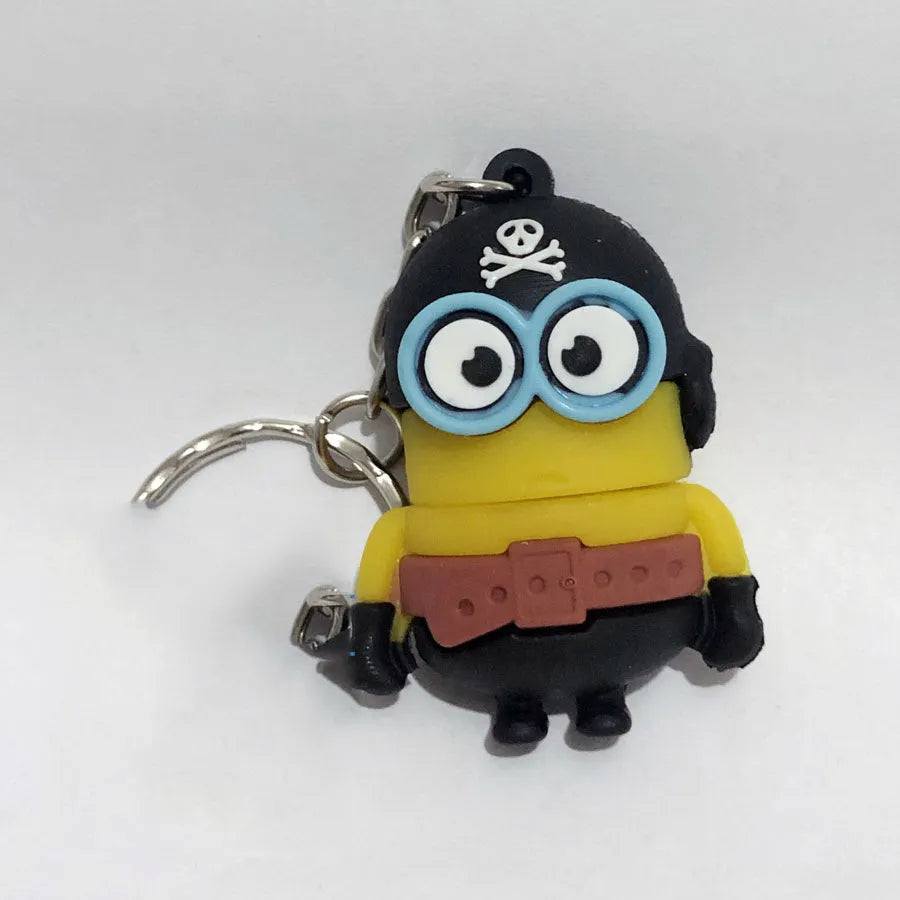 Skull skeleton shaped USB flash drive on a keychain, showing front and side views.