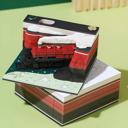 3D sticky notes pad with Christmas Train design showing Qingshui Temple paper carving artwork