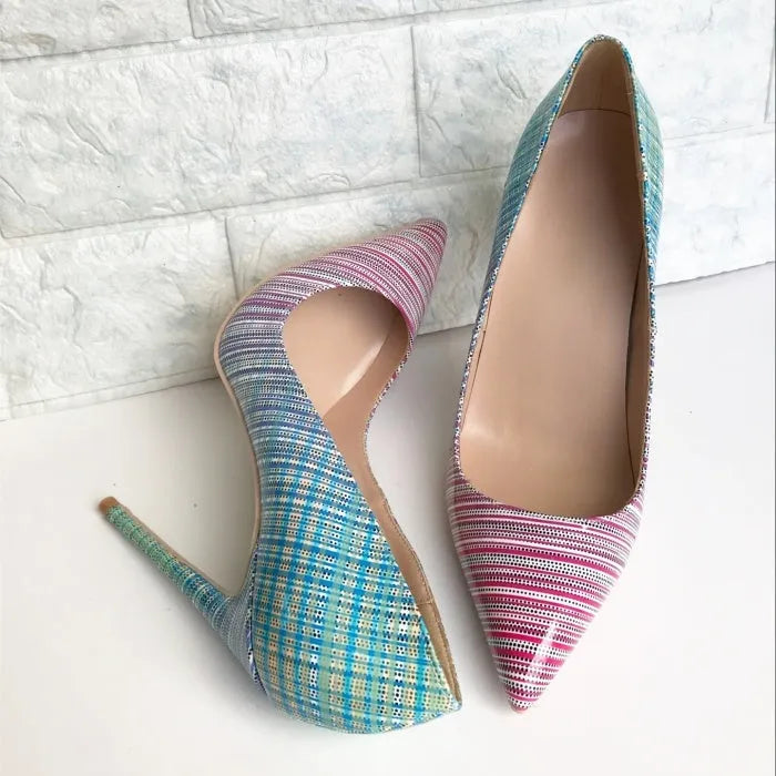 Pink blue gradient patent leather ladies heels with pointed toe and super high heel
