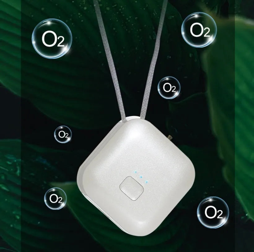 Mini USB portable air purifier necklace in collar design shown in blue, grey, pink and white colours.