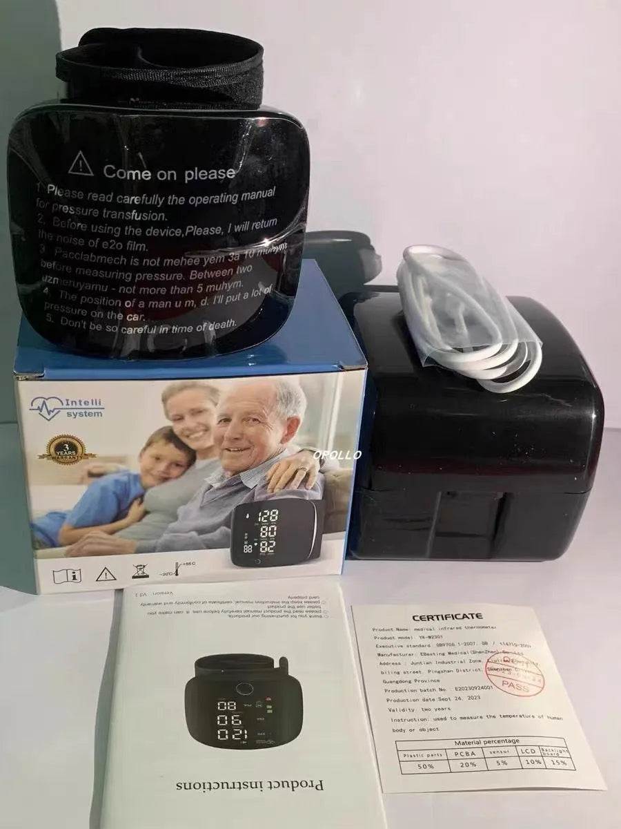 Black wrist blood pressure monitor with USB charging port and display screen