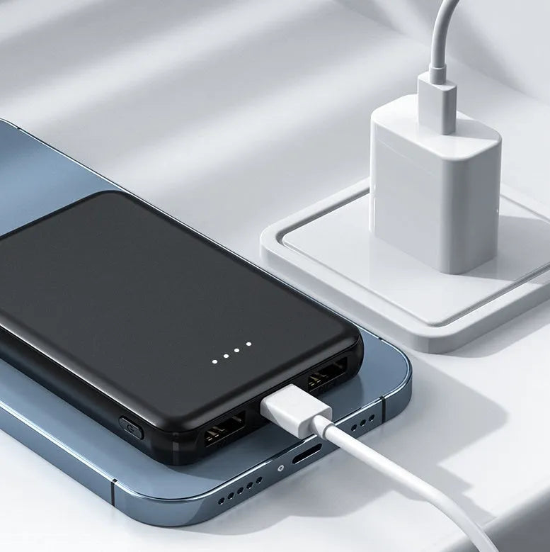 Compact black or white power bank for electric heating vests, showing 97mm x 64mm dimensions