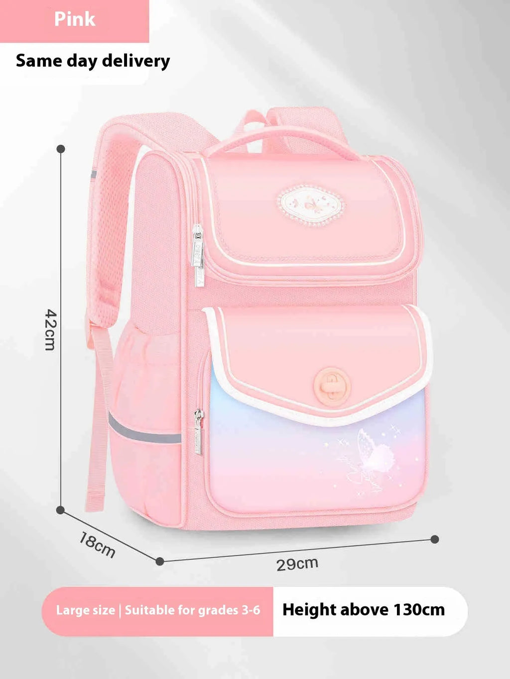 Pink girls' schoolbag for primary school years 1-6 with large capacity and waterproof Oxford cloth.