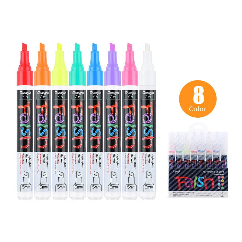 Set of 8 refillable fluorescent board highlighters with oblique 6mm tips, shown on card packaging.