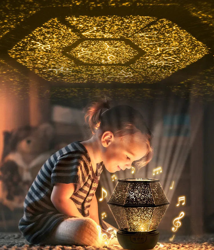 Children's rotating stars LED night light projecting coloured star patterns on bedroom wall