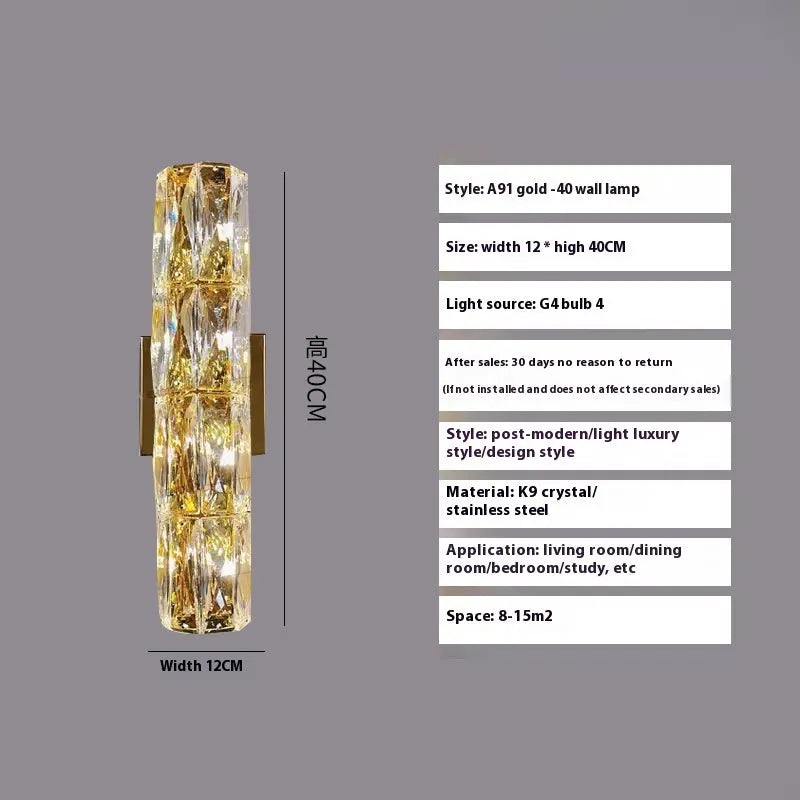 Crystal wall lamp with stainless steel base in chrome or gold finish, LED tricolour lighting, multiple size options