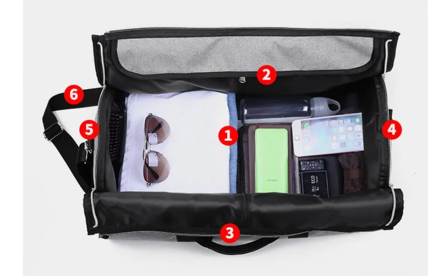 Medium cylinder travel bag in black with waterproof Oxford cloth and zipper pocket