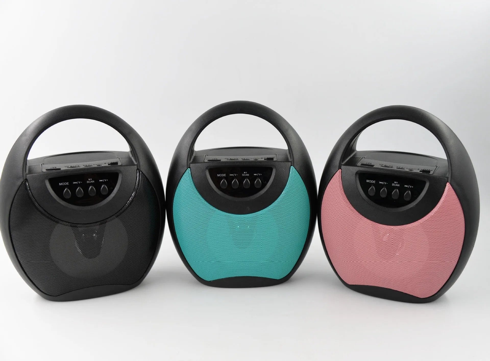 Portable Bluetooth speaker with plastic casing shown in black, blue and pink colour options