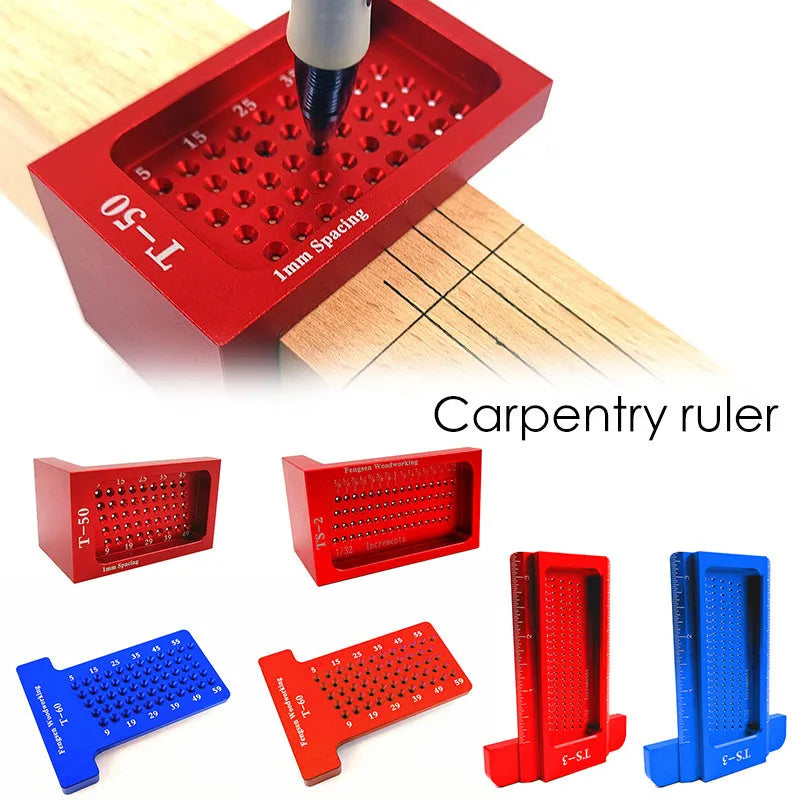 Red alloy steel T50 Mini Scribe woodworking ruler on a workbench for household marking