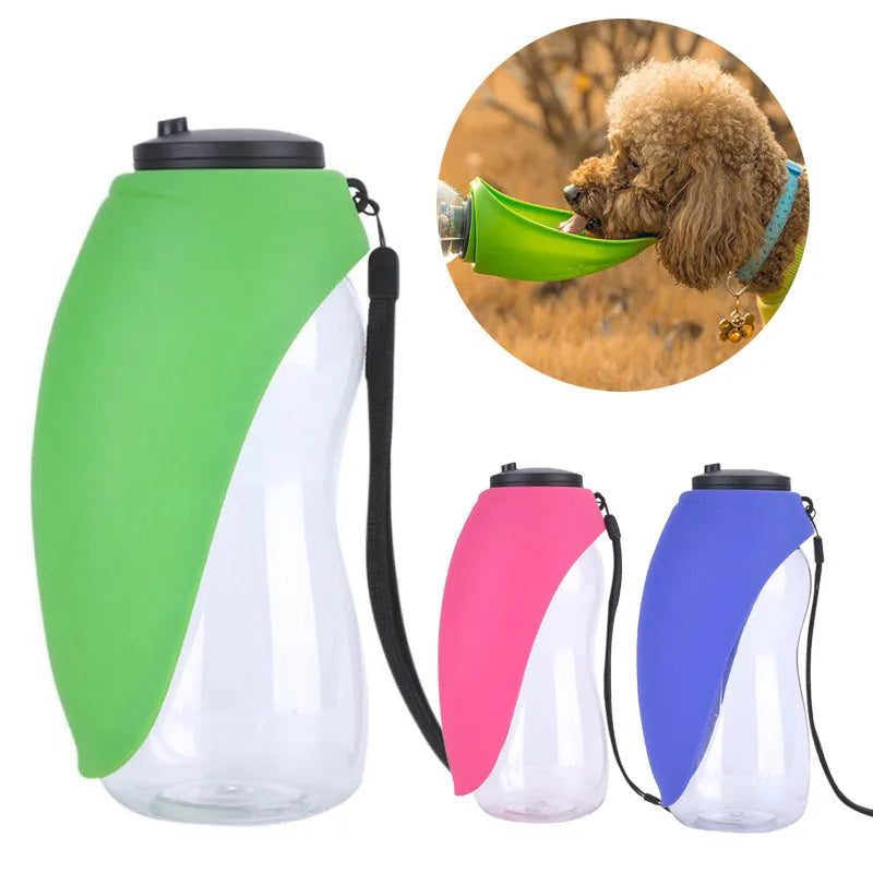 Portable pet dog water bottle with 680ml capacity, wide sink bowl, and leak-proof lock in fruit green colour