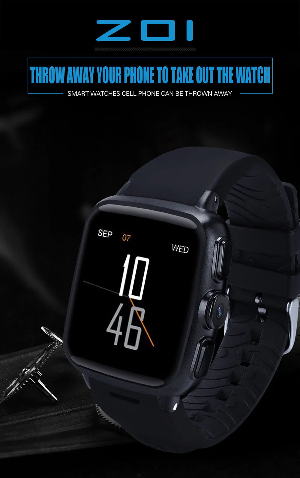 Z01 smart watch with 1.54 inch touchscreen display shown in black colour