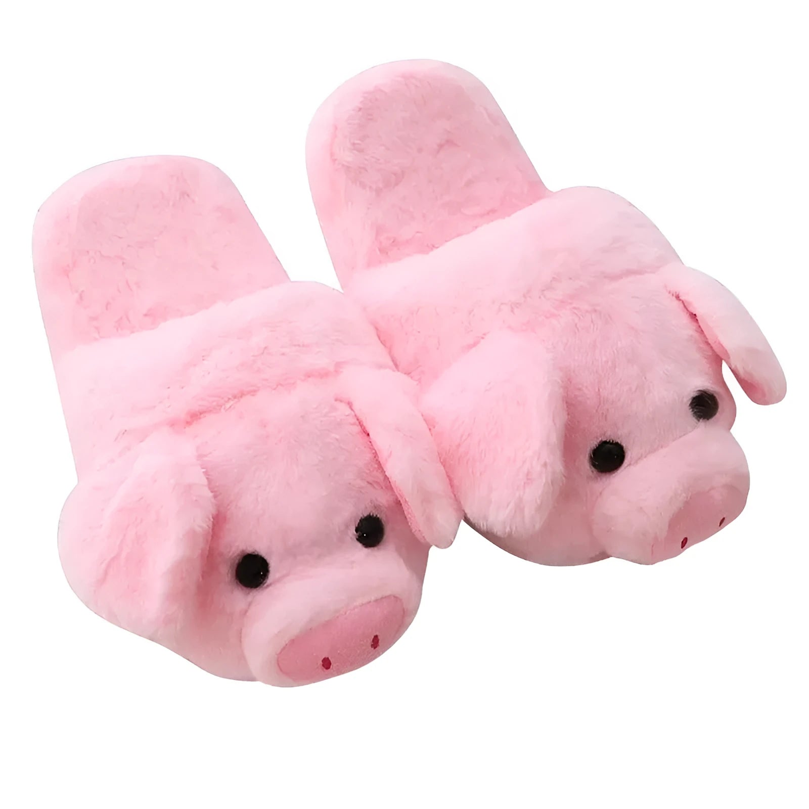 Pink pig-shaped floor slippers with short plush fabric on a plain background.