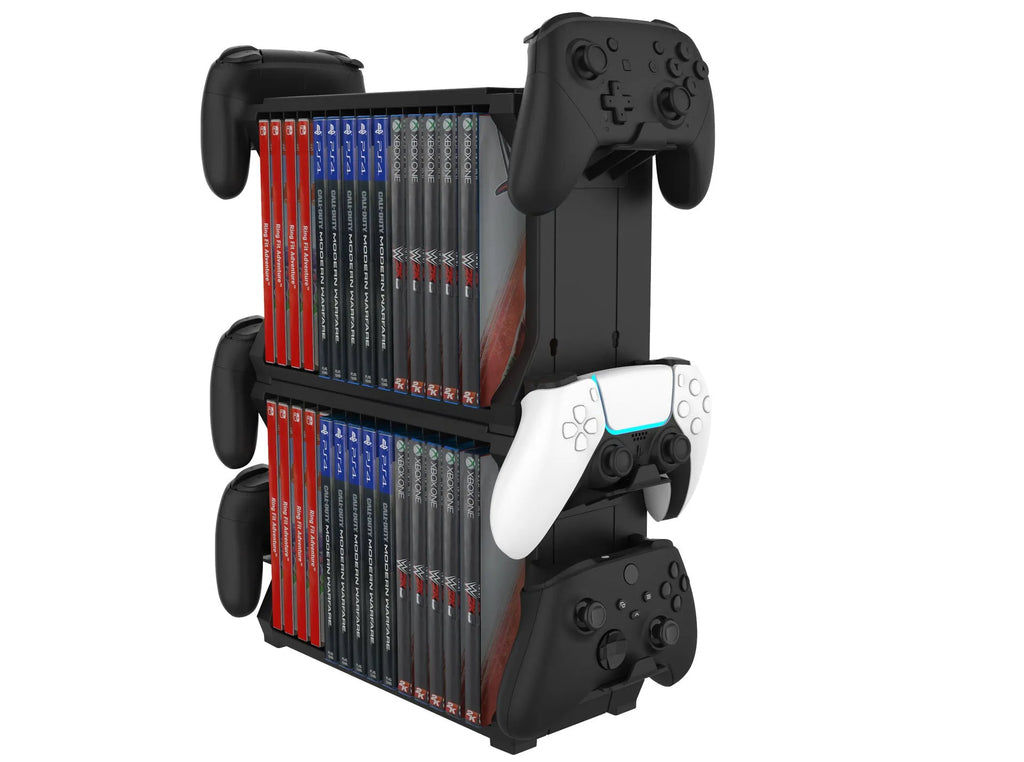 Black PS5 and Xbox Series X disc holder and controller stand made of ABS plastic.