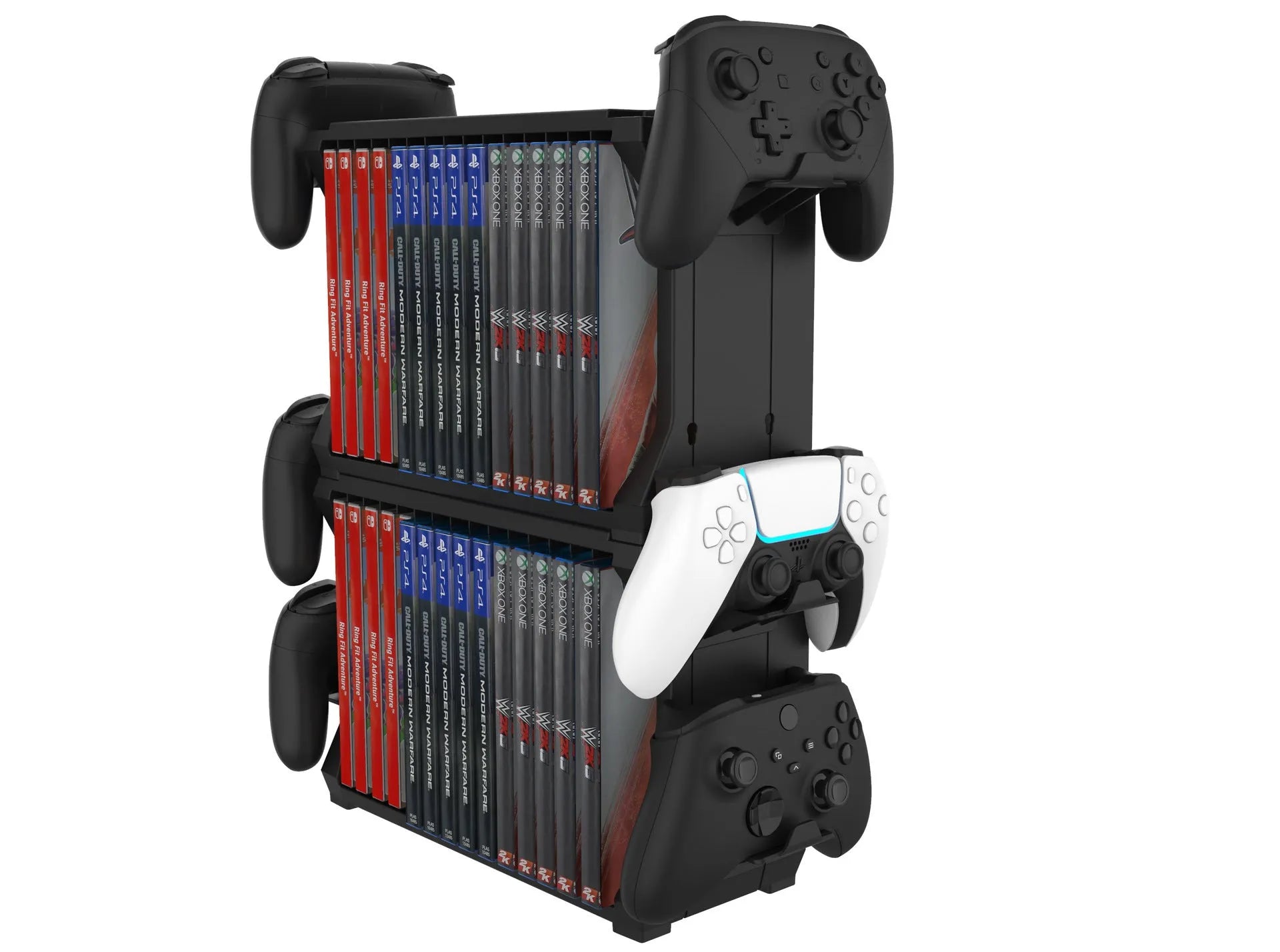 Black PS5 and Xbox Series X disc holder and controller stand made of ABS plastic.