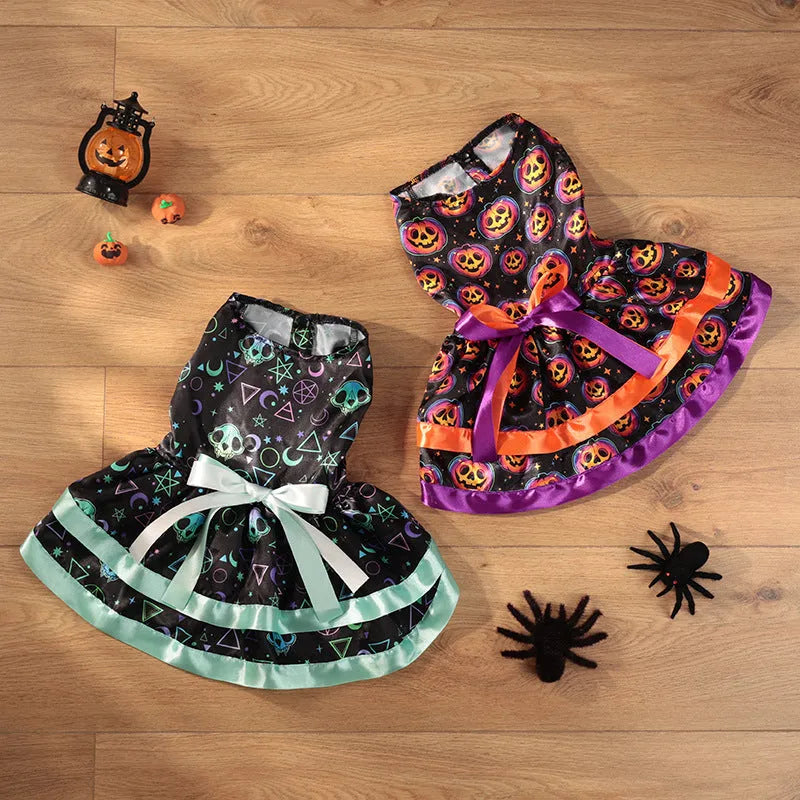 Colourful Halloween dog skirt with pumpkin or skull design, double-layer polyester construction