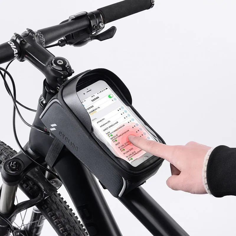 Black PU+EVA handlebar bag with TPU touch film and reflective strip mounted on bicycle crossbeam