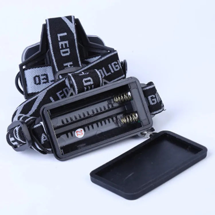 Head-mounted LED torch showing forward-facing light with head strap