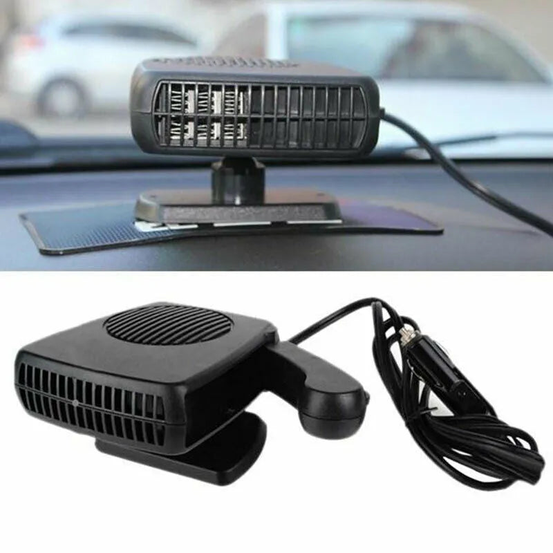 Portable 12V/24V car heater fan, black ABS, windscreen demister defroster with 360-degree rotation, compact size 13 x 11 x 4 cm.