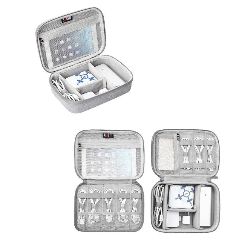 Black and grey EVA digital storage bag for organising headphones, cables, and small electronics.