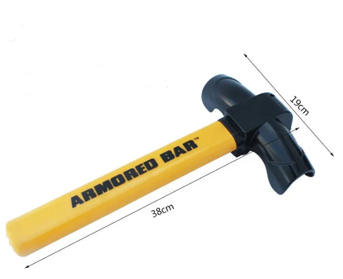 T-shaped car steering wheel lock in yellow, 38cm length, with fork and rim hook for anti-theft security