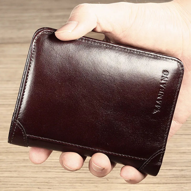 Men's leather wallet showing multiple internal compartments for cards, cash, coins and photos
