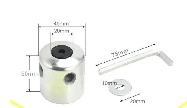 Silver aluminium lawn mower grass trimmer head with four light yellow square lines, a wrench, and a gasket