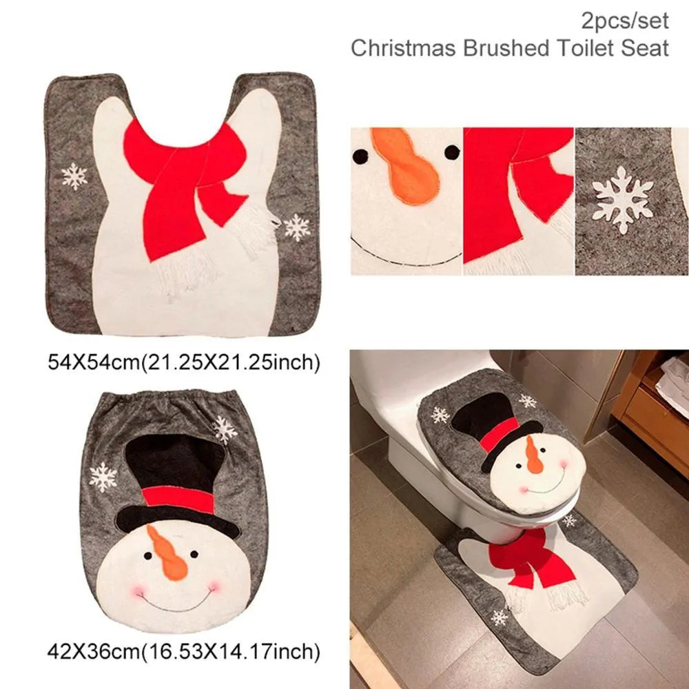Christmas bathroom set with Santa design flannel shower curtain, toilet seat cover, and matching floor mats