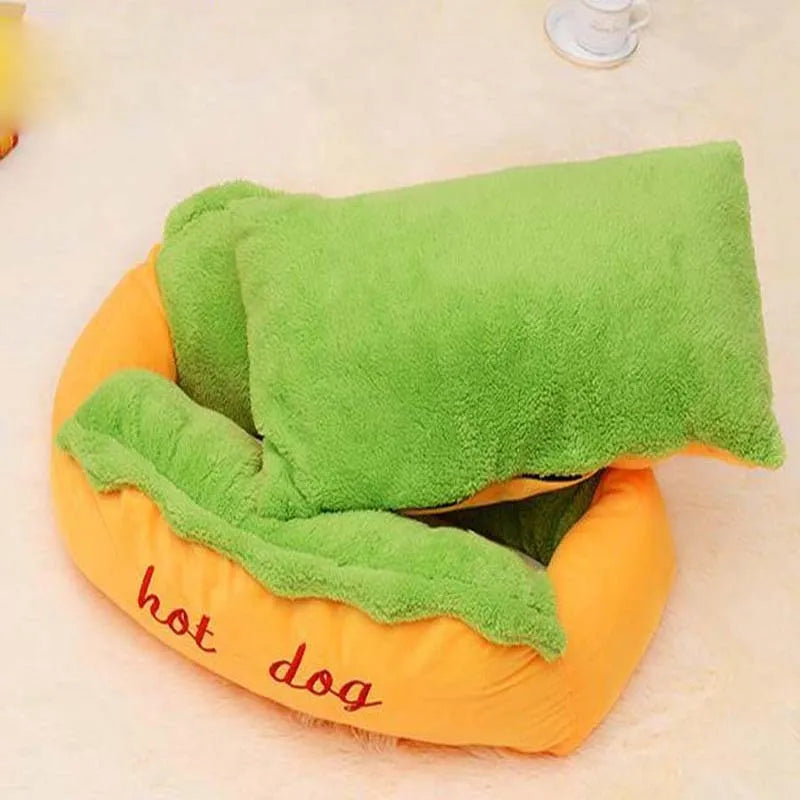 Sofa-style hot dog pet bed with raised sides and a removable cushion in a coffee colour.