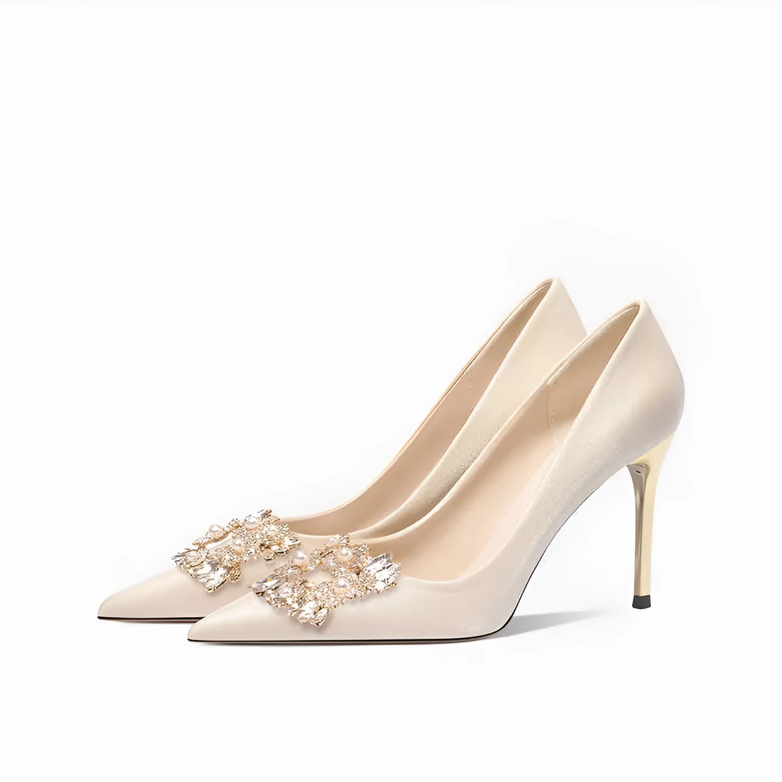 Pointed-toe crystal bridal high heel shoe with rhinestones on a cloth upper, shown with a cat heel and a stiletto heel option.