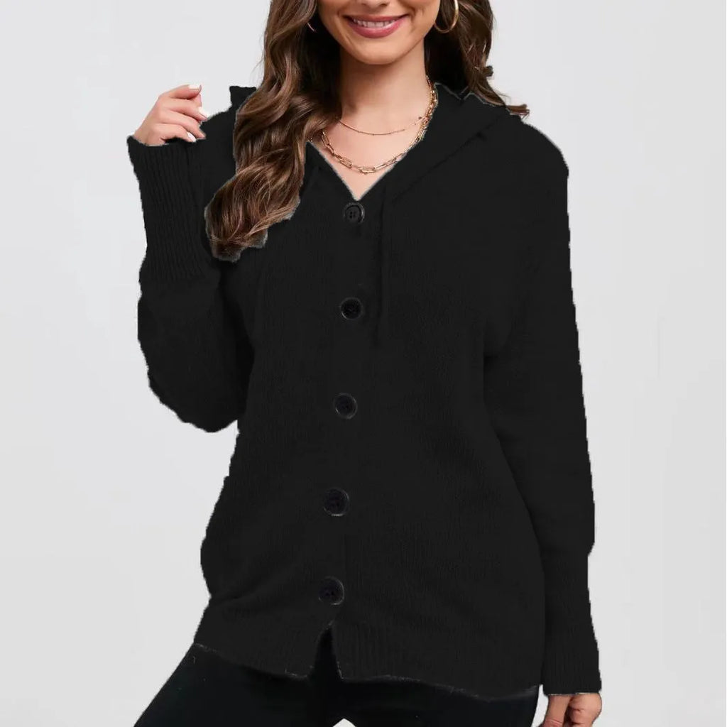 Women's solid colour hooded cardigan sweater in thick cotton with 3D pattern