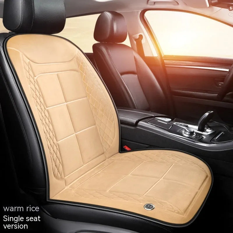 Heated car seat cushion in beige, black, and coffee colours showing single, double, and rear seat size options