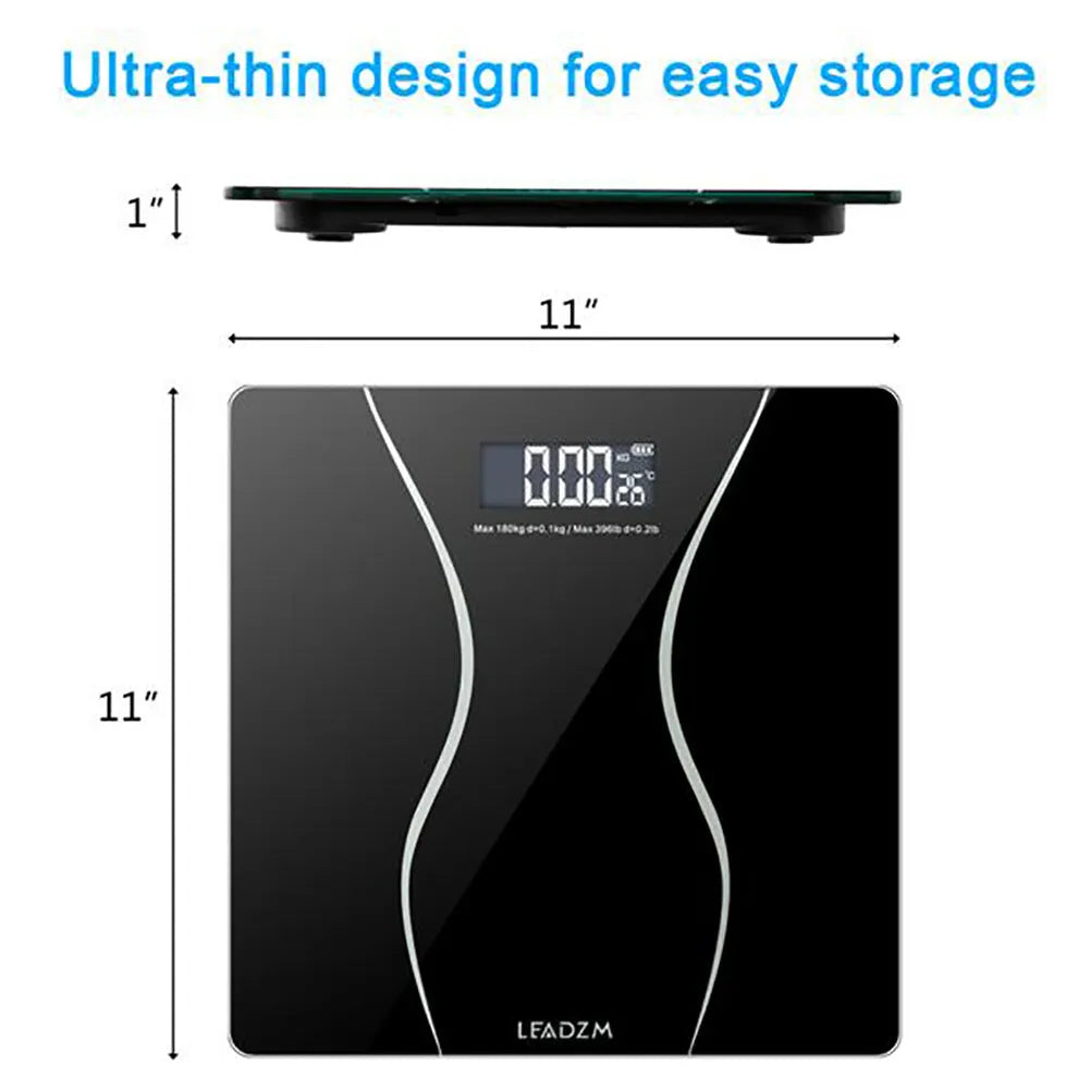 Black electronic household body scale with tempered glass platform and digital display