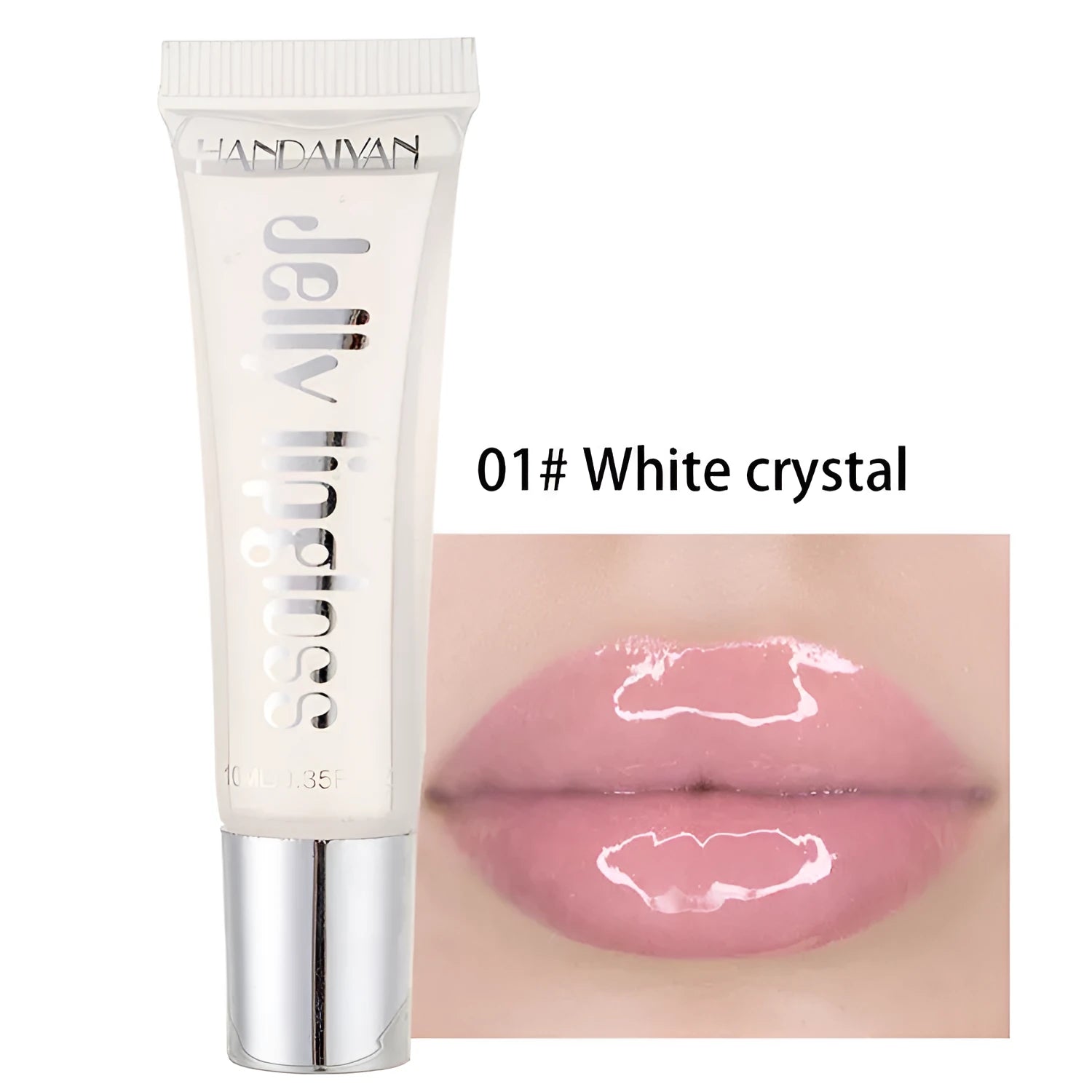 Jelly glass moisturising lip gloss tube in Pearl White shade with carton packaging and 12 colour options