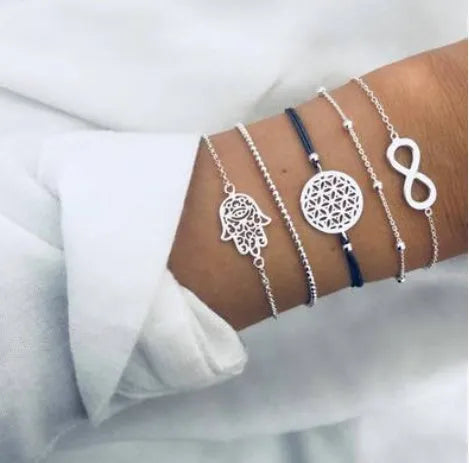 Bohemian bracelet set with alloy vintage bead and boho charm design in bow love style for women